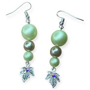 Y2K Faux Pearl Maple Leaf Drop Earrings 2.25" Sage Green Silver Tone Rhinestone